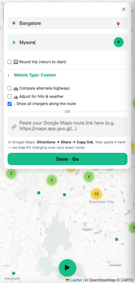 Route entry screen with origin and destination fields
