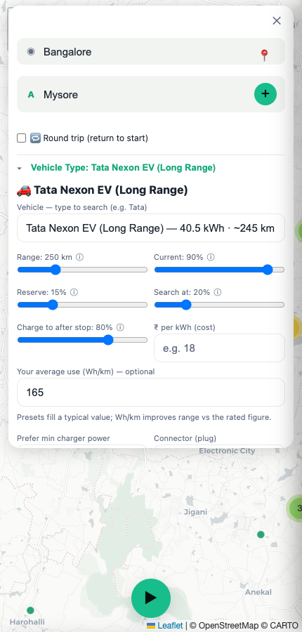 Vehicle picker with EV presets and sliders
