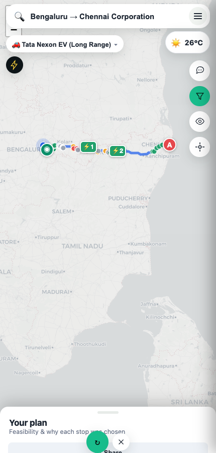 Plan result showing the route with charging stops
