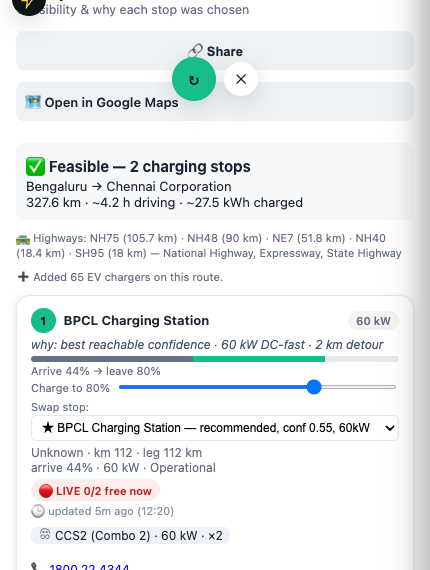 Stop card showing confidence, power, connector, and live availability